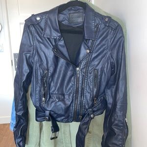 BlankNYC vegan navy blue leather moto jacket.